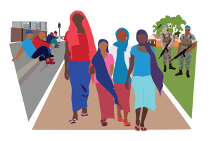an illustration that puts survivors at the center even though violence surrounds them