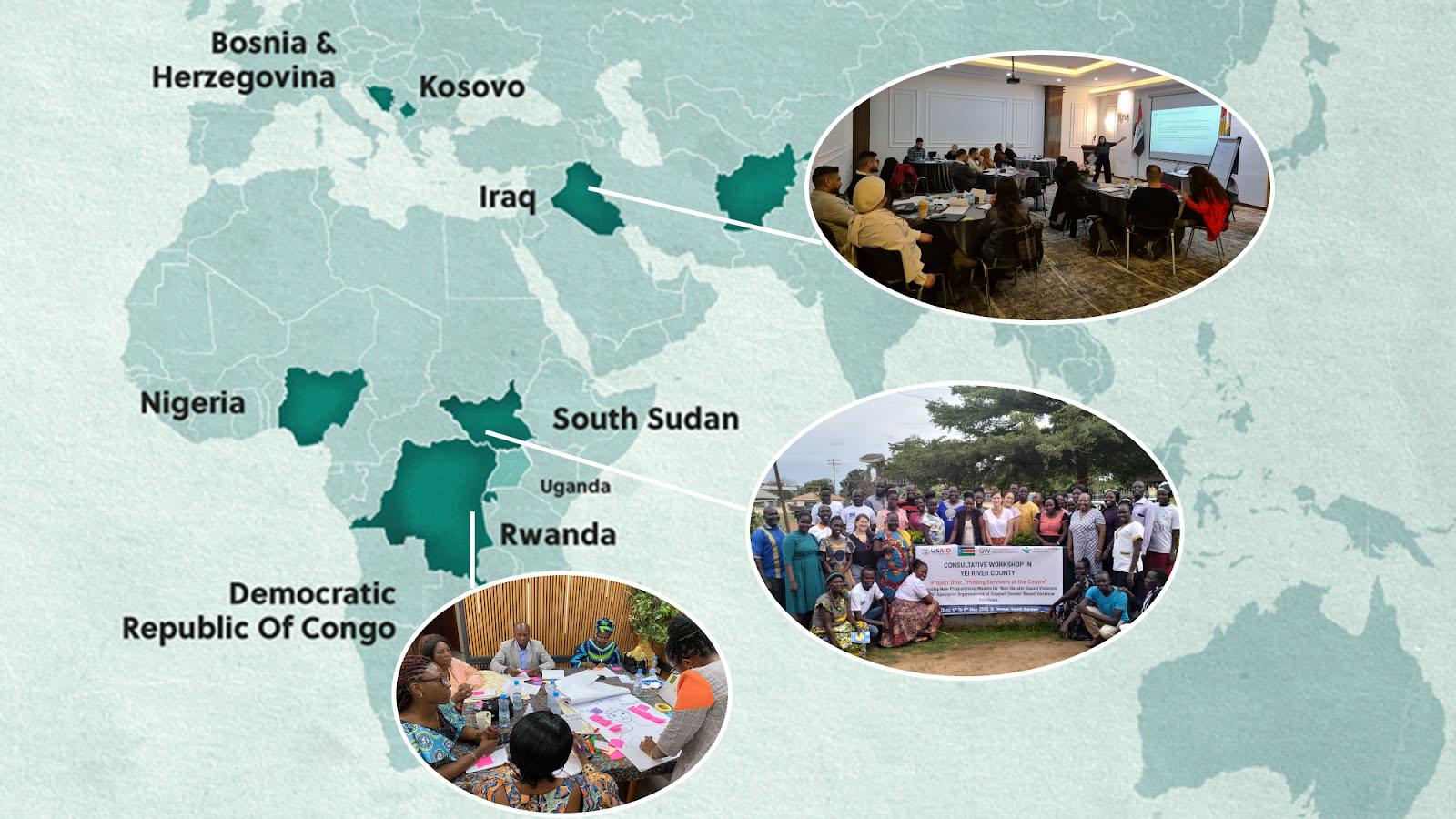 Thematic areas including Bosnia & Herzegovina, Kosovo, Iraq, South Sudan, Rwanda, Uganda, Nigeria, and Democratic Republic of Condo.